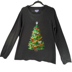 Laura Scott Black Long Sleeve Christmas Tree Sequin Sweater Womens XL Festive